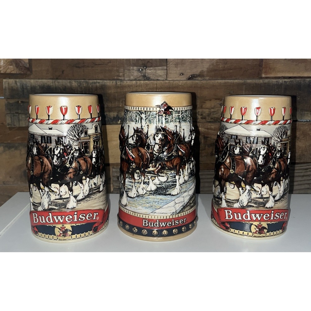 3 Budweiser Holiday Christmas Beer Stein Mugs 2- Collector's B Series - Vintage